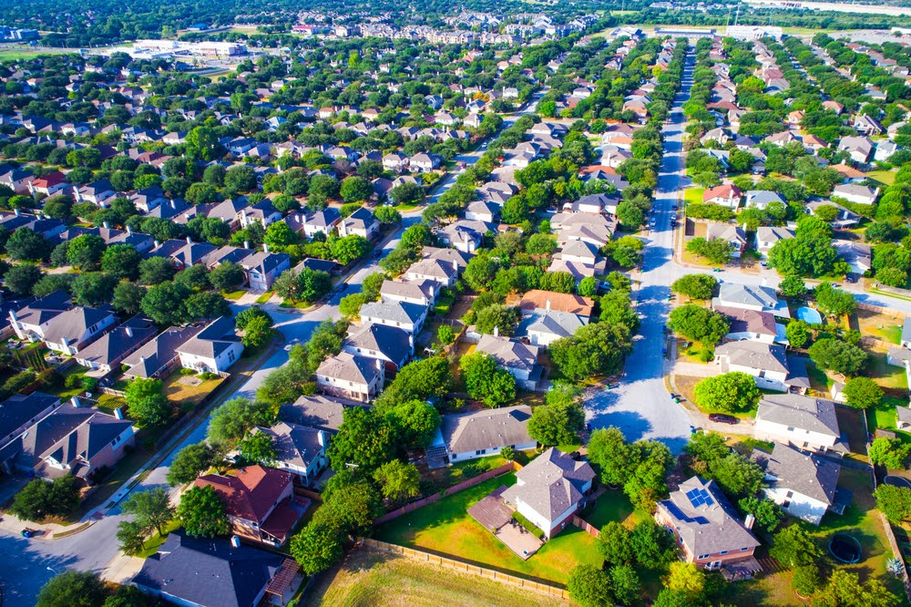 Aerial view of a suburban neighborhood